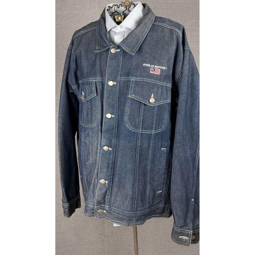 Vintage Polo Sport Ralph Lauren Denim Trucker Jacket Blue XL Flag Logo 90s
